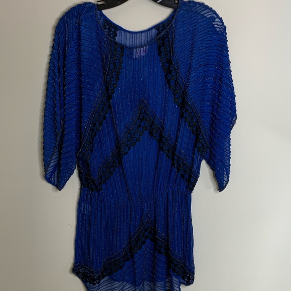 Parker blue top with black beaded design and lace - Picture 5 of 7